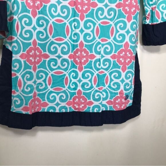Simply Southern Collection Cotton Tunic Sz Medium Teal Pink Navy Swirl Slit Side - Picture 3 of 5